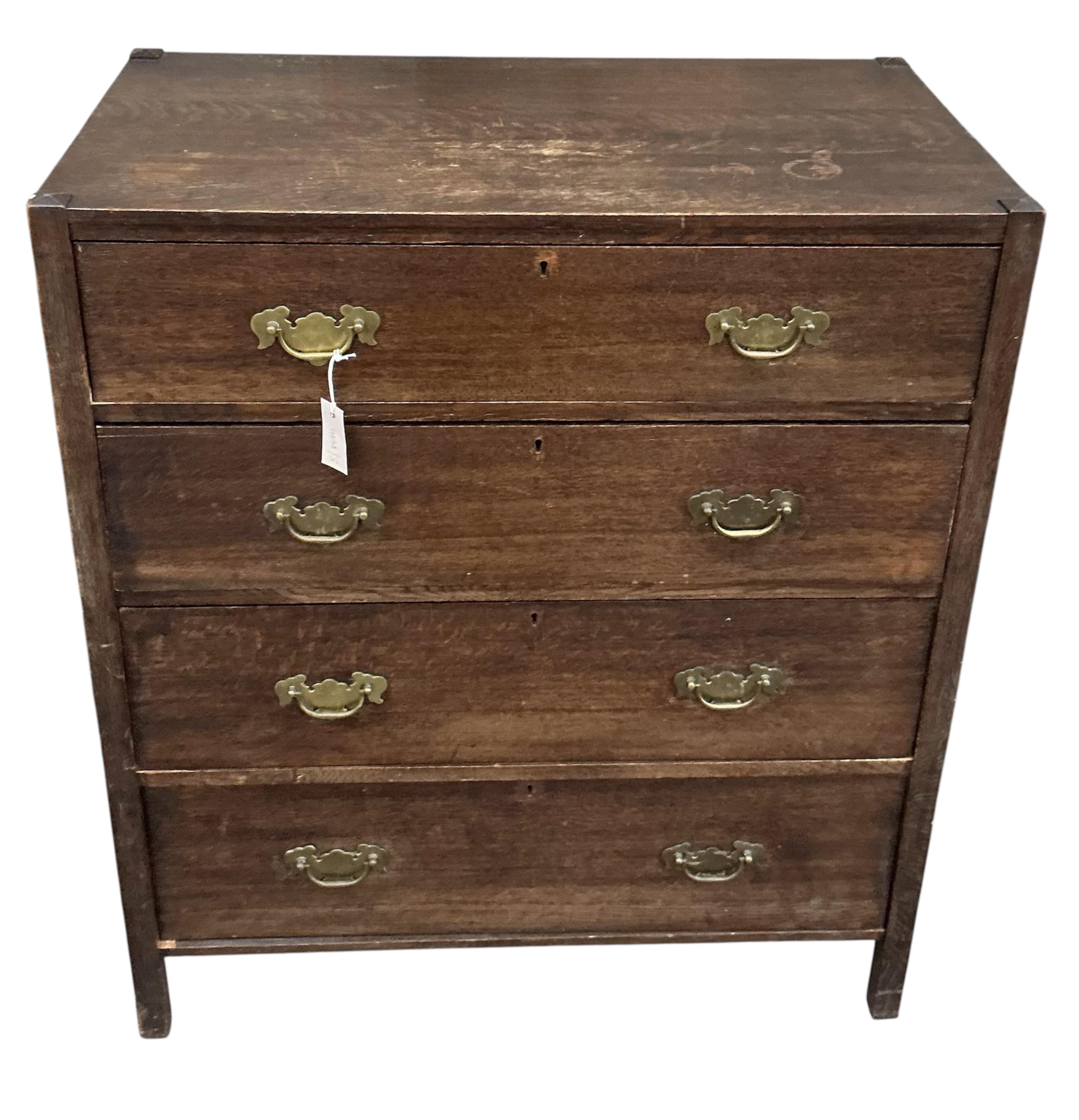 An early 20th century oak chest of four drawers, width 91cm, depth 50cm, height 106cm
